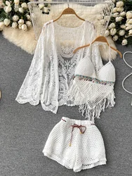 Summer New Holiday Suit Women's Lace Embroidered Cardigan+tassel Neck Top+ Hollow Out Shorts Three Piece Set  H066