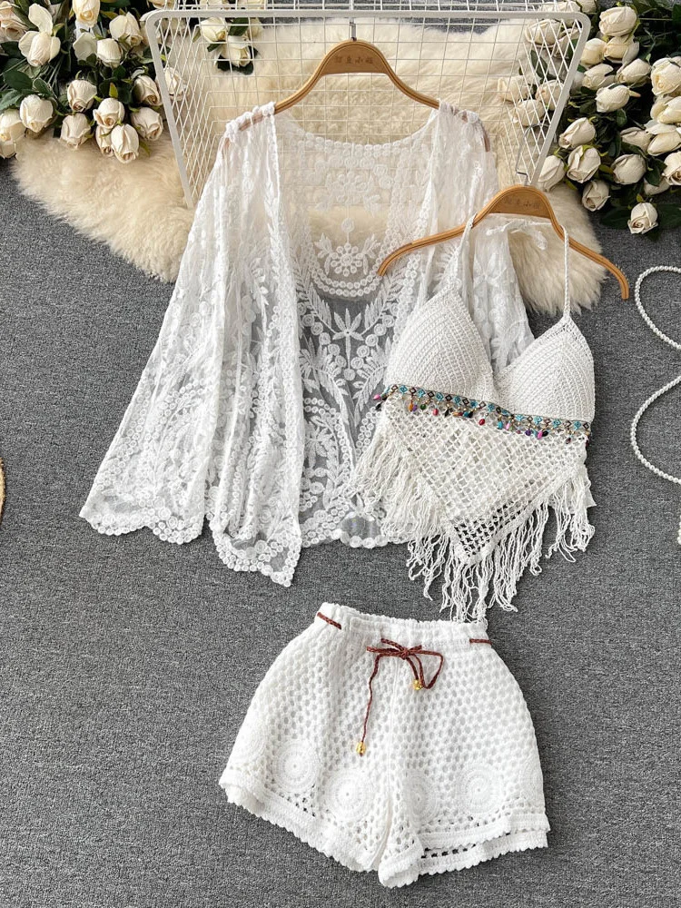 Summer New Holiday Suit Women's Lace Embroidered Cardigan+tassel Neck Top+ Hollow Out Shorts Three Piece Set  H066