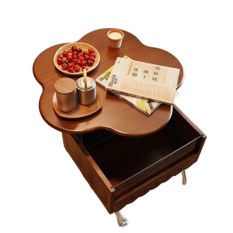 Living room sofa removable solid wood home medium and retro small apartment French lift walnut coffee table storage side table