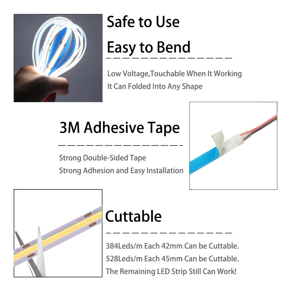 COB LED Strip 320 384 528 LEDs/m High Density Flexible LED Lights DC12V/24V RA90 3000K 4000K 6000K LED Tape 5m/Lot