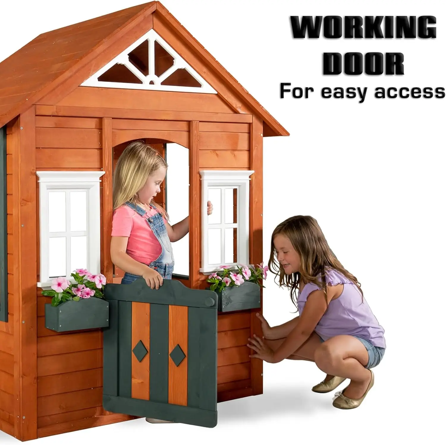 Outdoor Backyard Playhouse with Flower Boxes, Wooden Playhouse with Pot Holders, Working Door, Windows for 3-7 Years