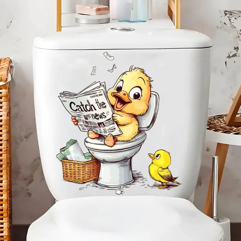 Funny Yellow Duck Reading Newspaper Toilet Lid Decal Sticker Wallpapers Wall Stickers For Bathroom Decor Self-Adhesive