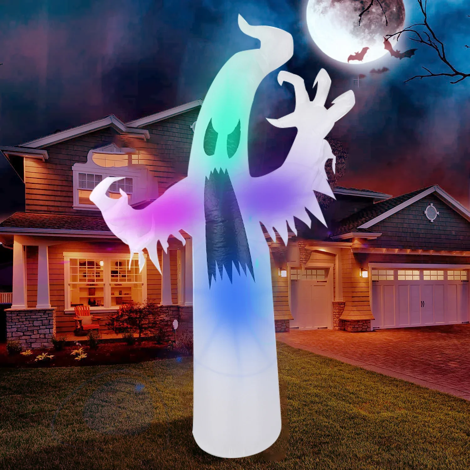 2.4M Halloween Inflatable Scary Ghost LED Color Changing Props Outdoor Party Halloween Decoration Courtyard Garden Glowing Ghost