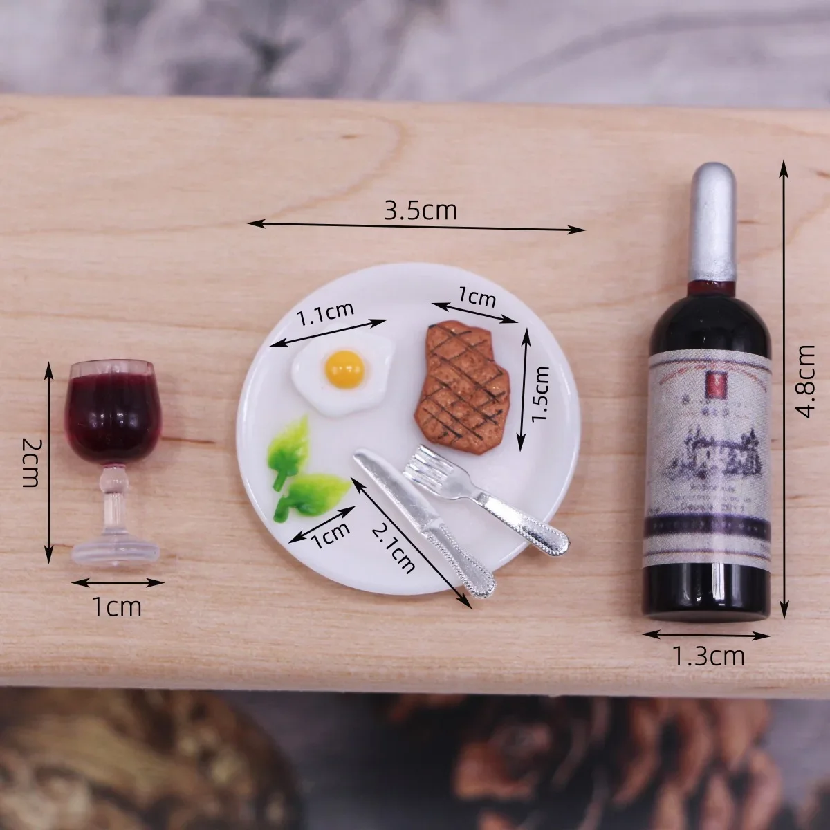 Mini casa de muñecas de simulación, juego de filete de vino tinto OB11, tela pequeña, accesorios de escena de juego de comida en miniatura, modelo de adorno