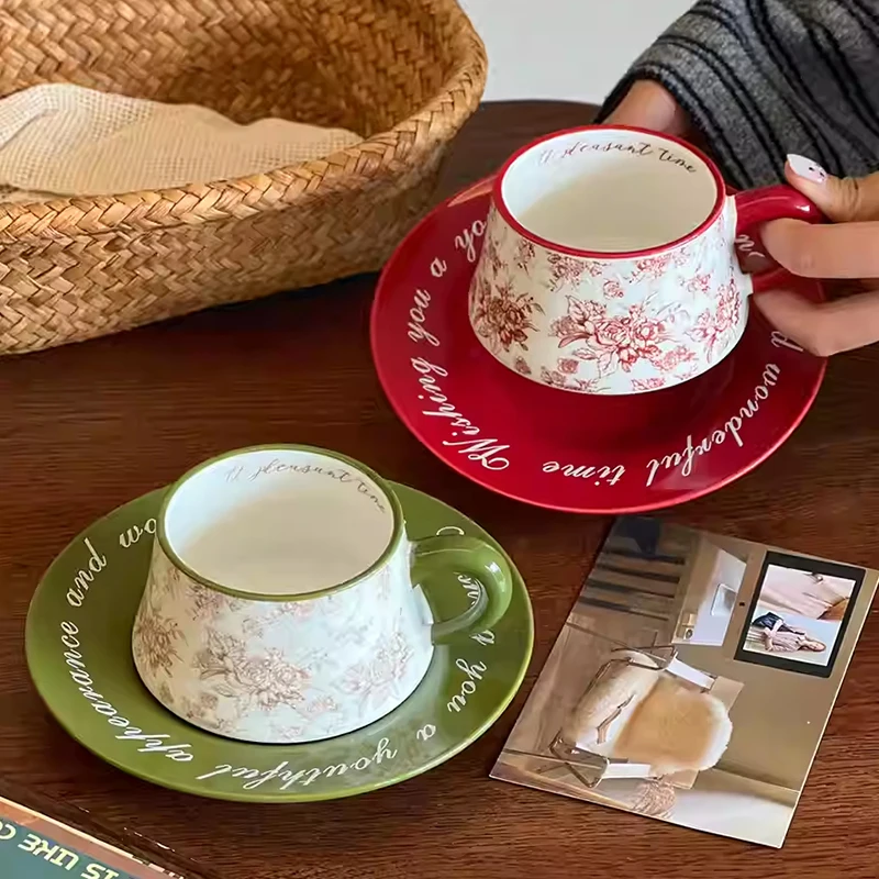 Vintage French Coffee Cup Dish Sets 260ml Household Ceramic Print Afternoon Exquisite Handle Mugs New Aesthetic Dessert Dish