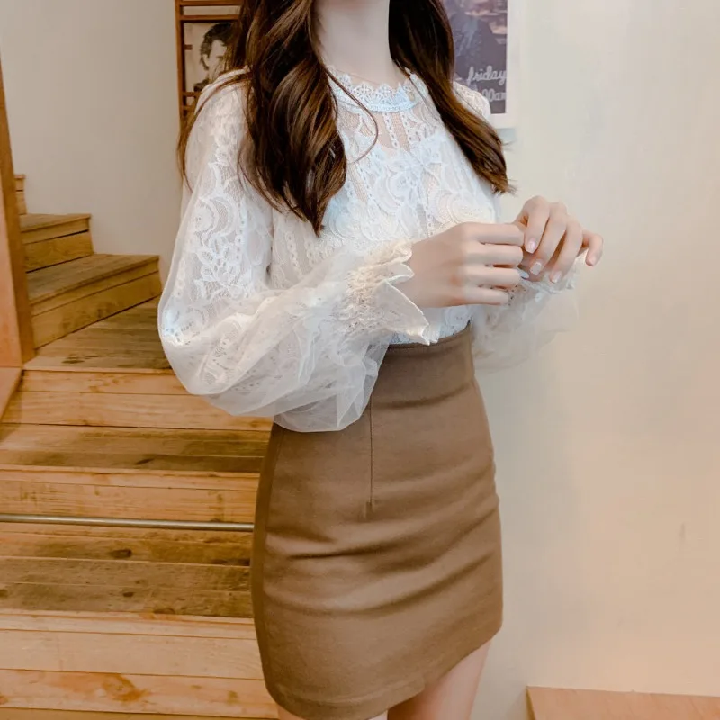 Spring Women White Lace Blouse Shirt Long Sleeve Blouse Femme Women Tops Shirts hollow out womens bouses shirts tops