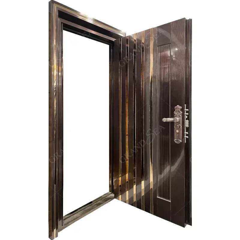 Dubai Cast Vertical Grain Golden Color Frosted Glass Bronze Color Stainless Steel Entrance Door