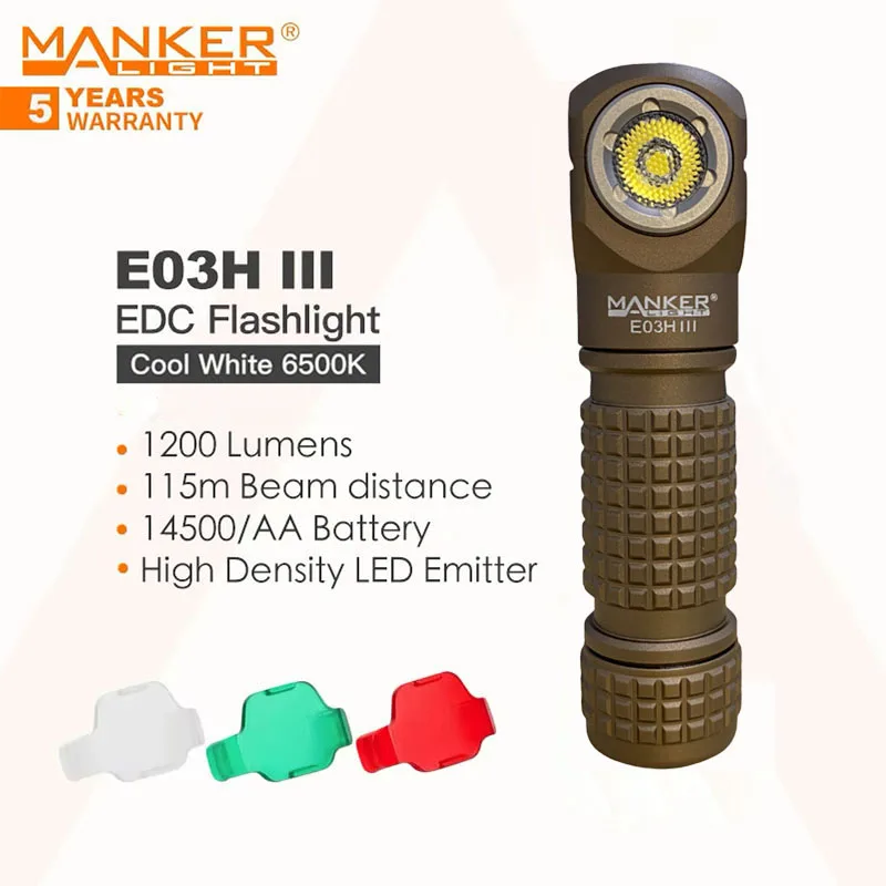 Manker E03H III 1200 Lumens, Magnetic Tail，Rechargeable Portable Flashlight/Headlamp, with White/Red/Green Filters,14500 Battery