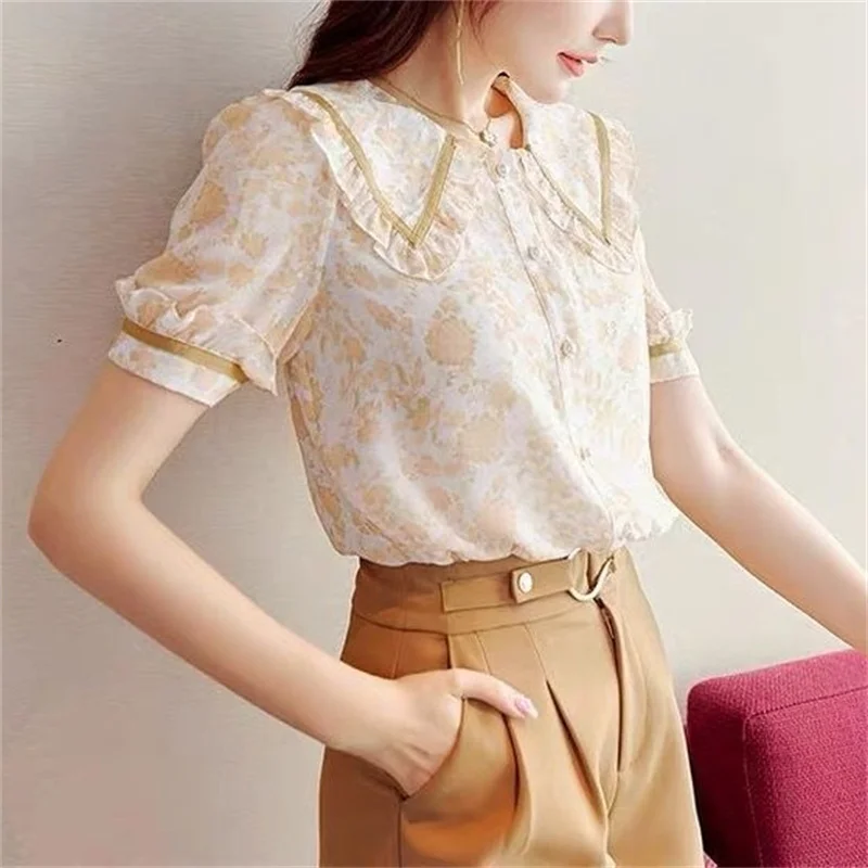 Woman Spring Summer Style Blouses Shirts Girls Cute Short Puff Sleeve Peter Pan Collar Blusas Tops G2635