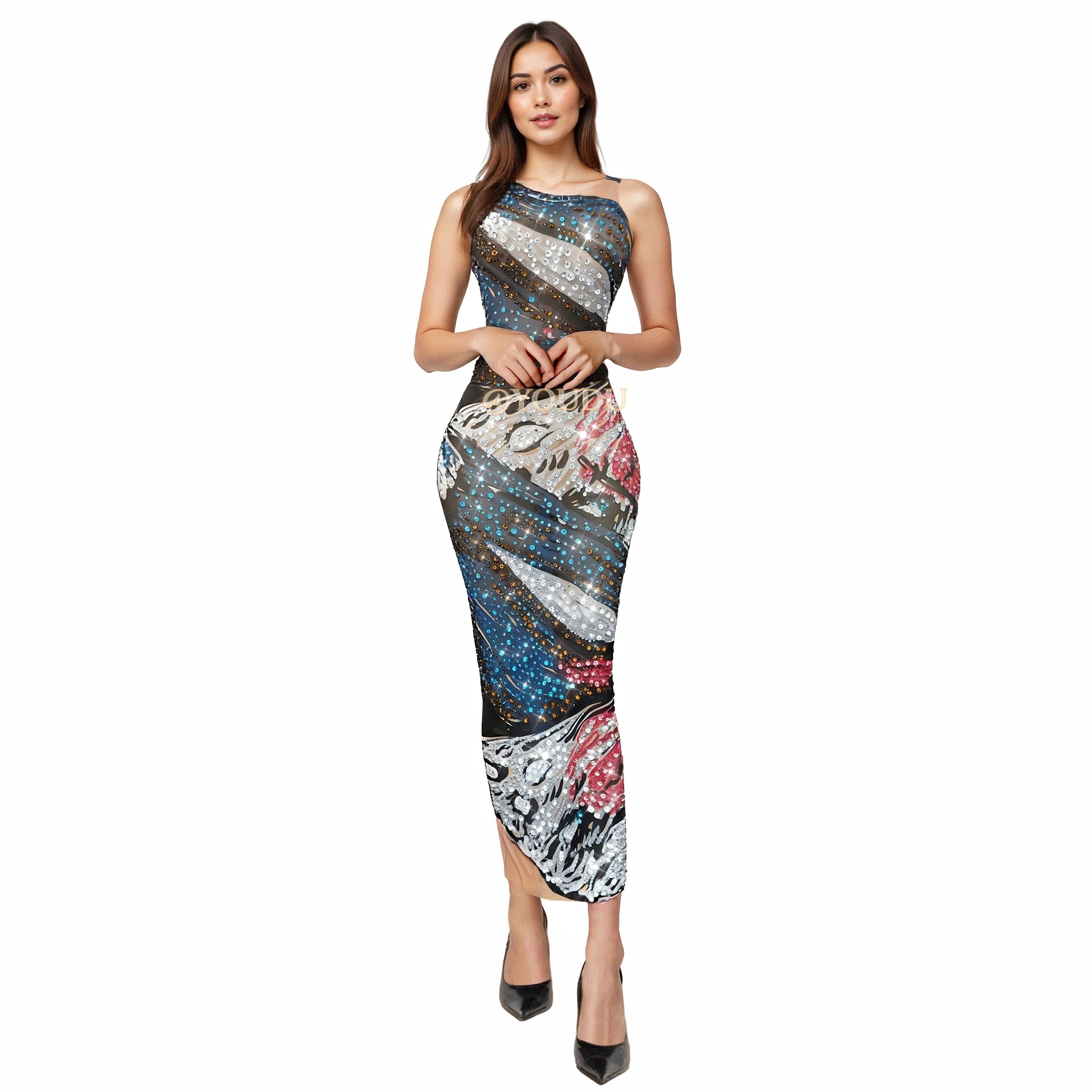 

New Creative Designed Twinkling Rhinestones Cultivation Mesh Dress Evening Party Celebrate Gown Fashion Show Stage Outfit Huadie