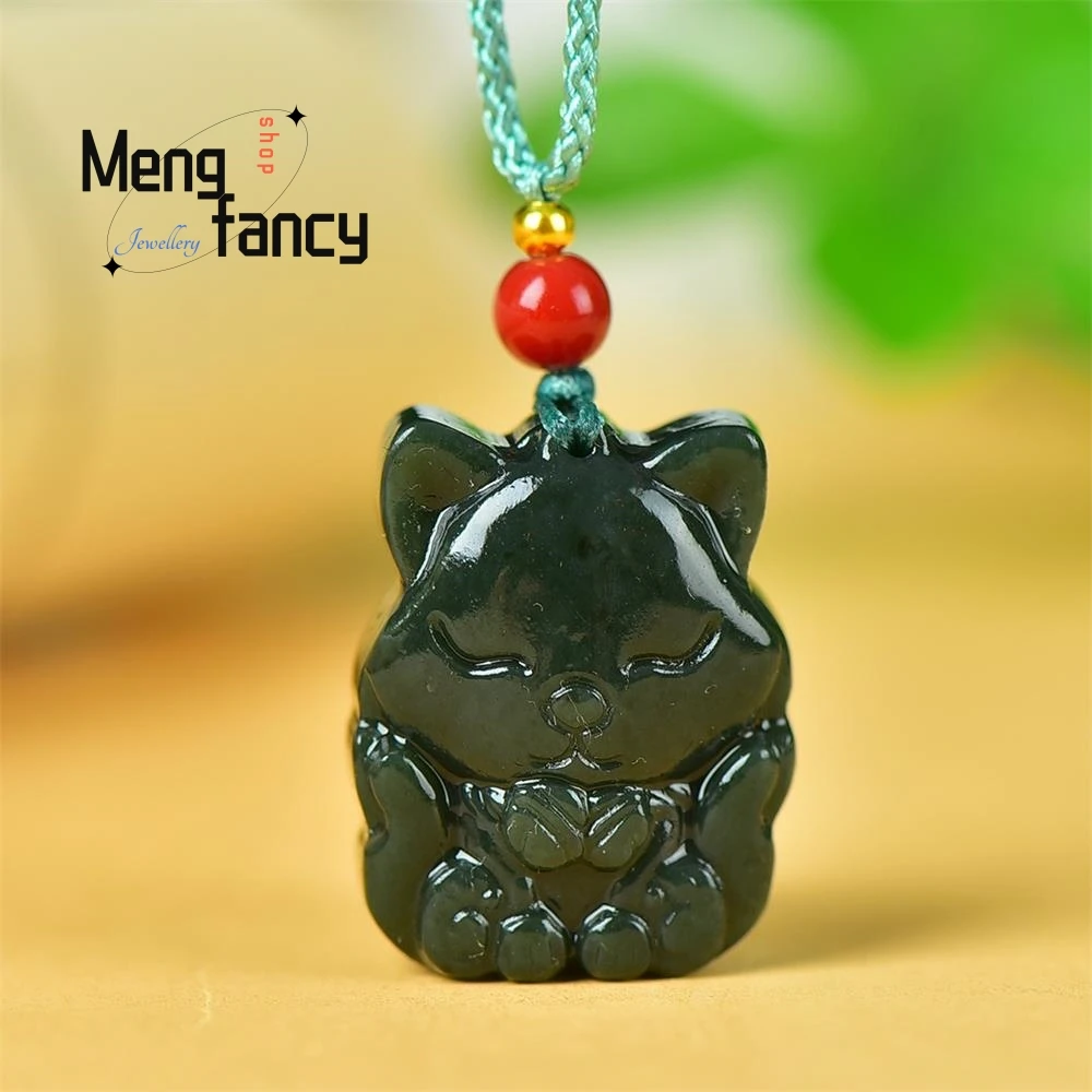 Natural Hetian Green Jade Lovely Kitten Pendant Mascot High-grade Exquisite Handicraft Fashion Jewelry Best Selling Holiday Gift