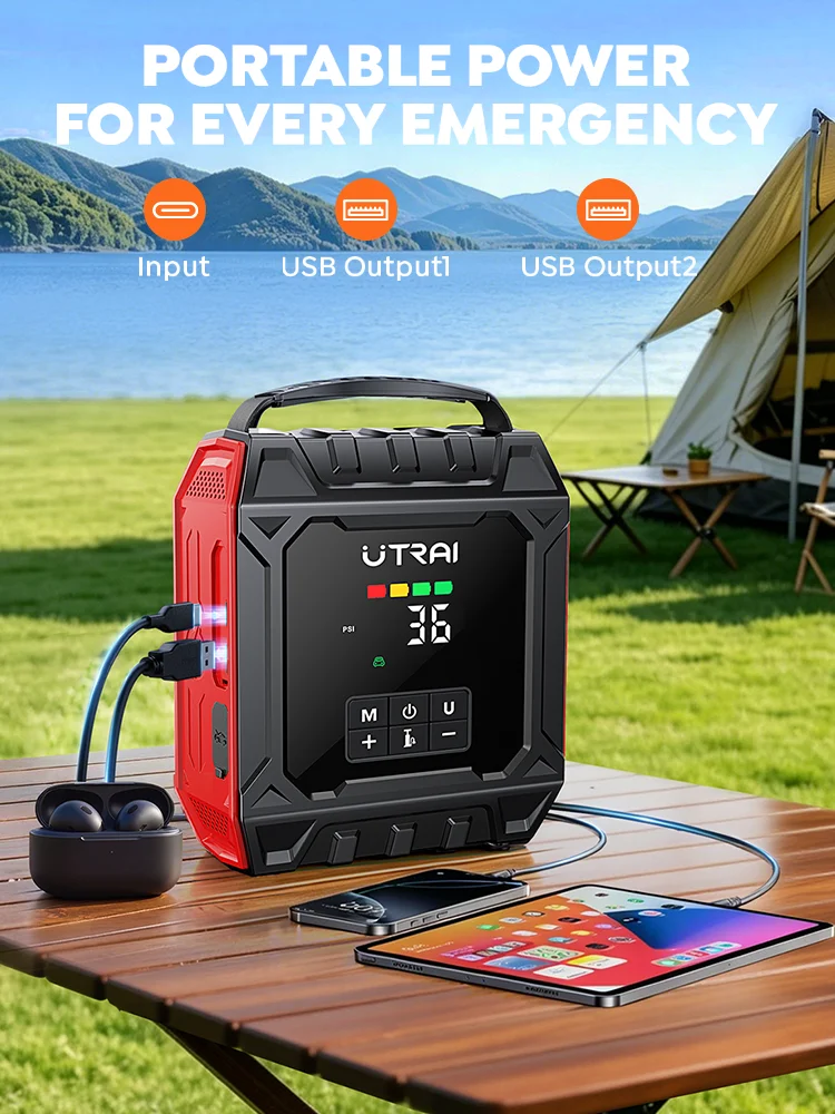 UTRAI 8000A Auto-Starthilfegerät mit Luftkompressor & Abnehmbarem Magnetischem Lichtpanel & Outdoor-Campingbeleuchtung Notfall-Booster