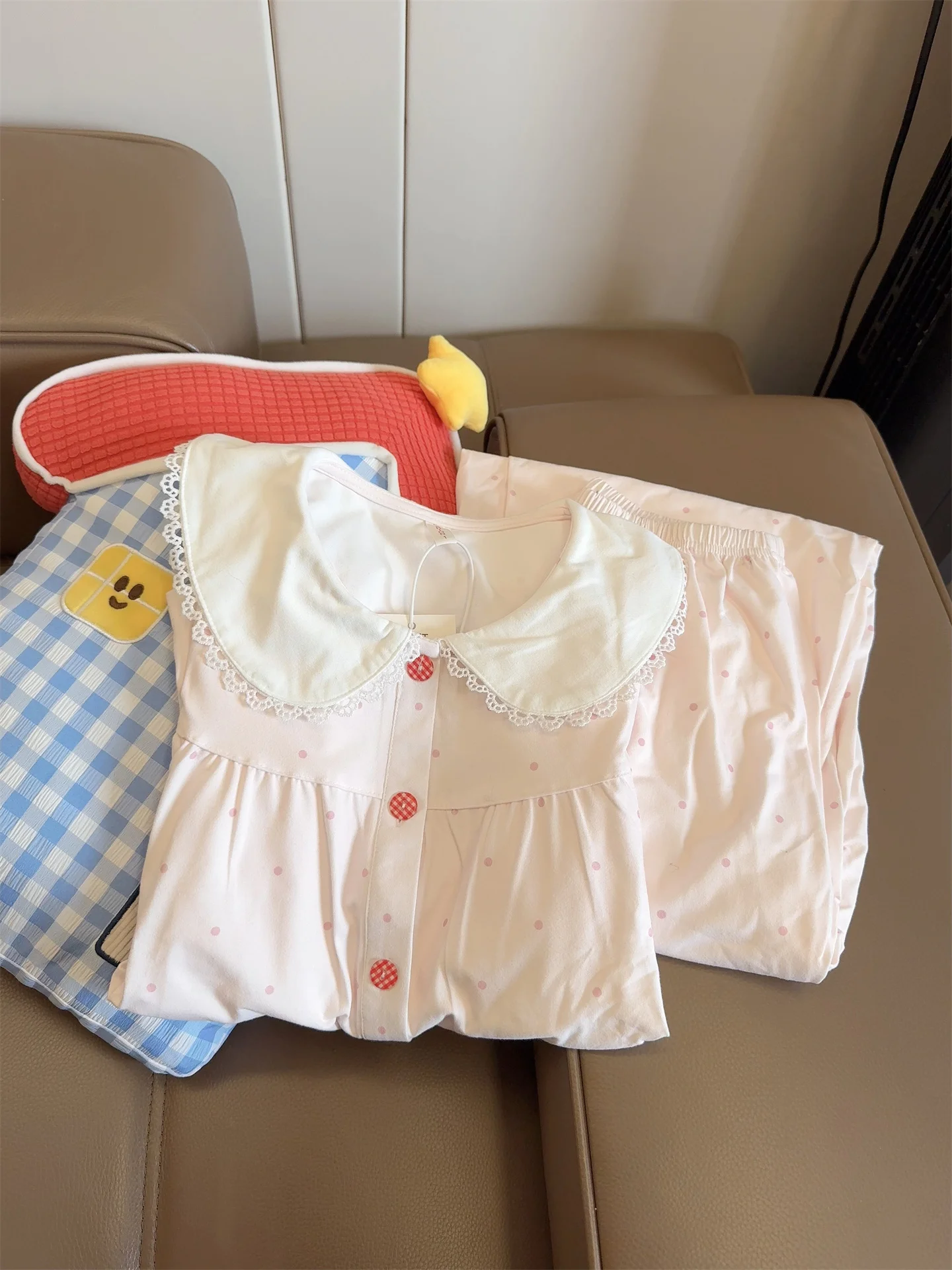 

Пижама в японском стиле с воротником-стойкой и принтом в горошек, с длинными рукавами, из тонкого хлопка, домашняя одежда для молодых женщин