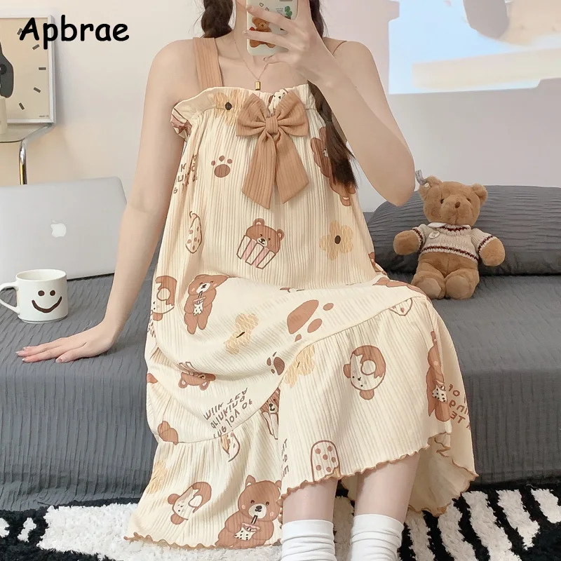 Summer Cotton Princess Sleepwear Dress Women Cute Bear Printing Nightgowns Sleeveless Sleep Tops Thin Lingerie Night Gown