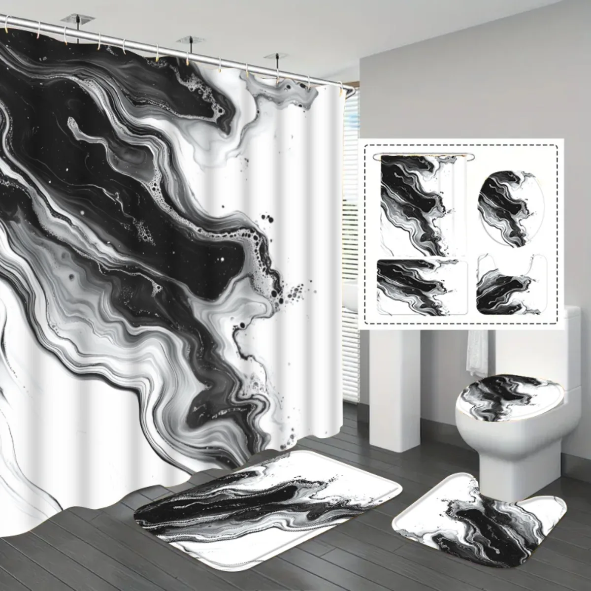 

4pc Black and white marble patterned bathroom set, including shower curtain, non-slip mat, toilet seat cover, and non-slip mat.