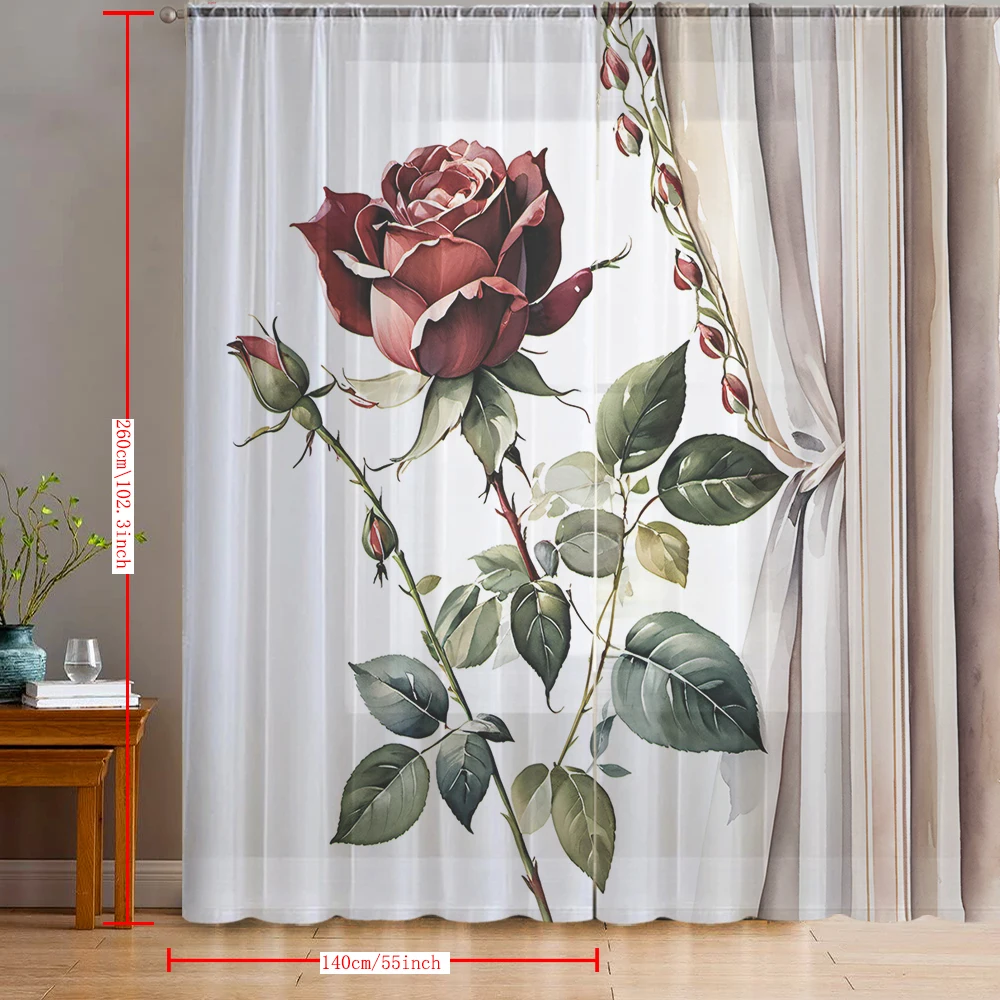 2PCS Home decoration rose oil painting printed window screens with pole bags, suitable for kitchens, cafes, and living rooms