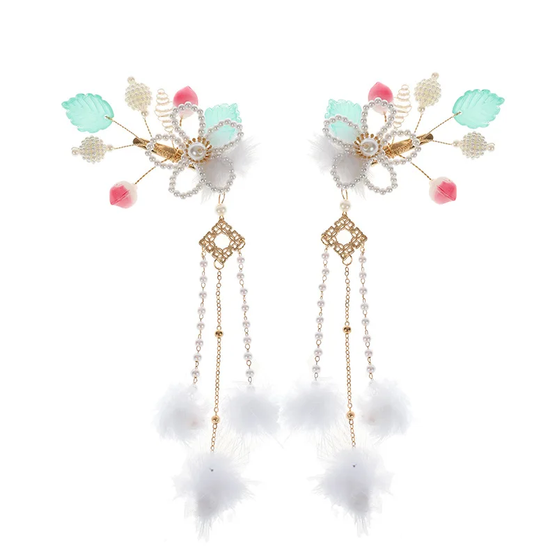 Tassel Hair Clip 2PCS Chinese Style Hairpin For Girl Hanfu Decor Pearl Fringe Tiaras Fairy Flower Barrettes Vintage Hair Jewelry