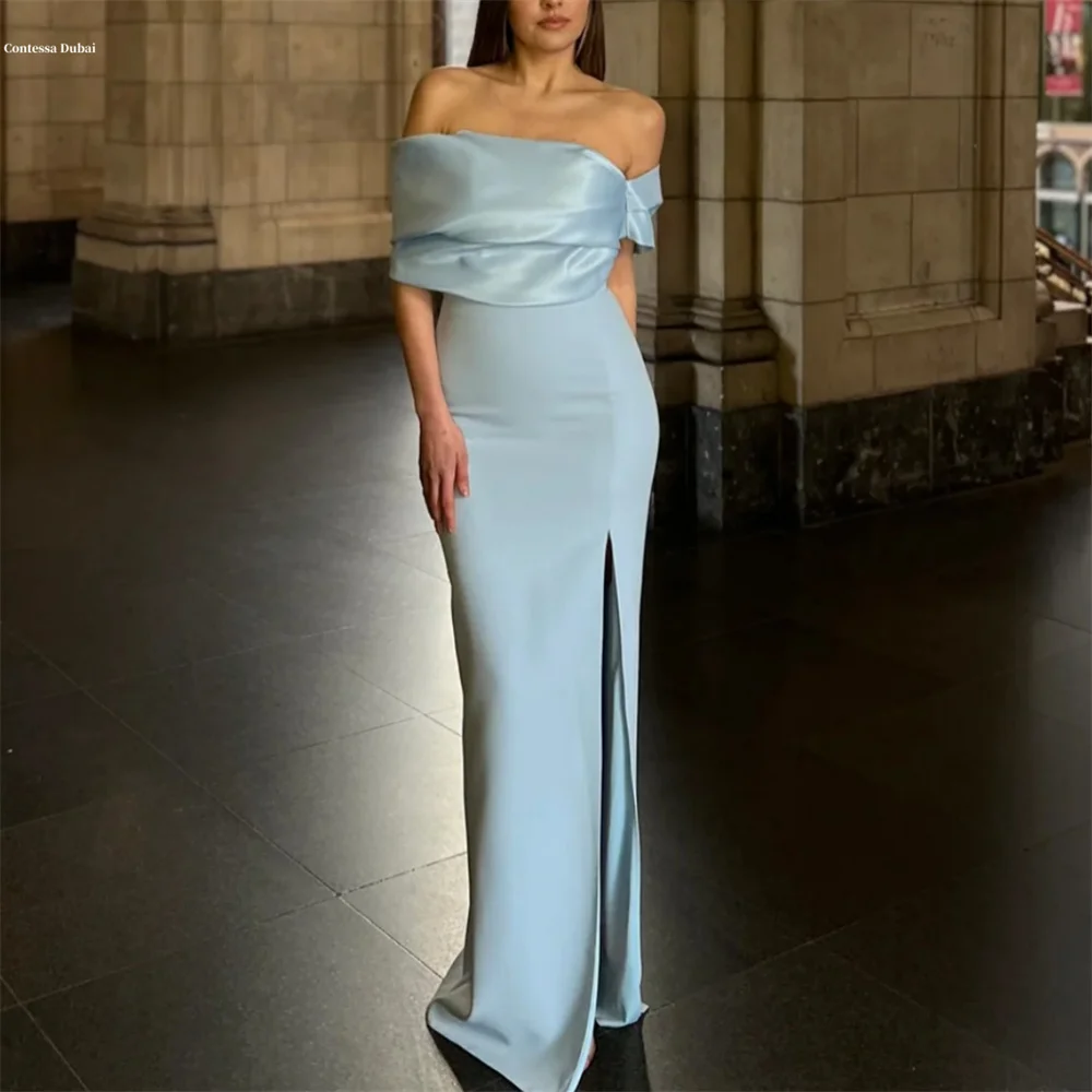 

Contessa Dubai Customized Off the Shoulder Side High Slit Mermaid Prom Dresses Blue Floor-length فساتين سهرة Elegant Party Dress