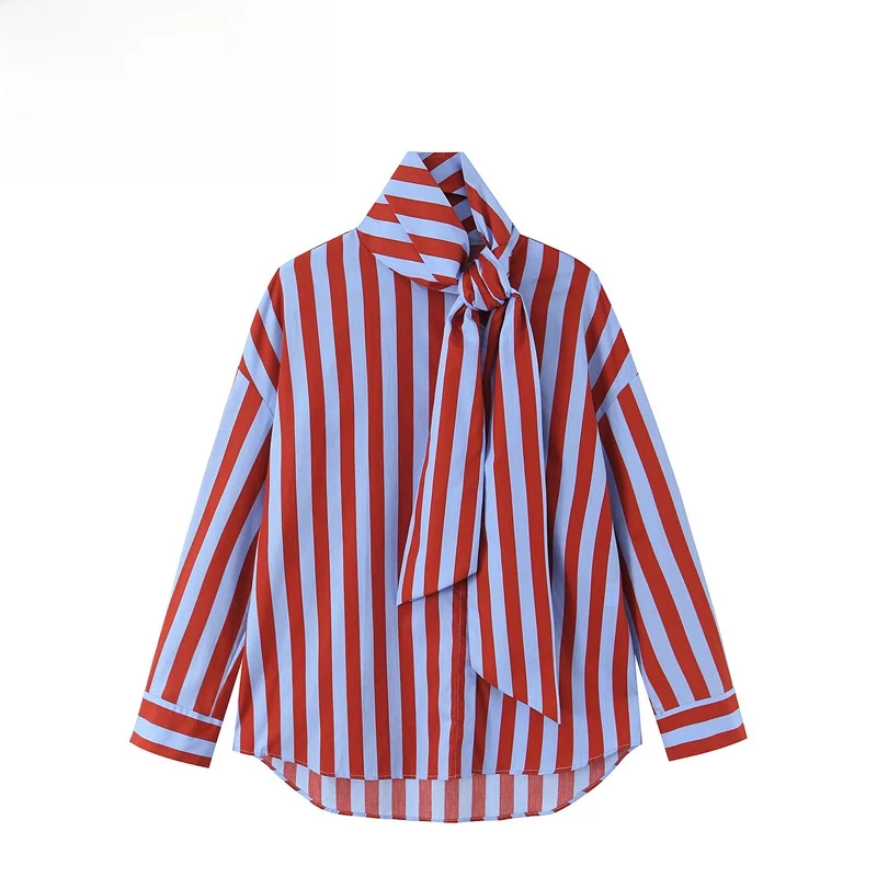 

Faionable Stripe irt with Knot Versatile Women's Clothing Spring 2026 Breathable Polyester Long Sve irt