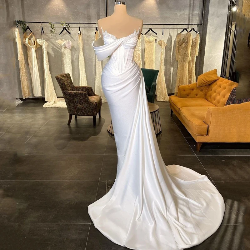 Luxury White Satin Wedding Dresses Mermaid Pearls Pleat Strapless Fish Bone Evening Party Prom Gown Slim Fit Vestido Custom Made