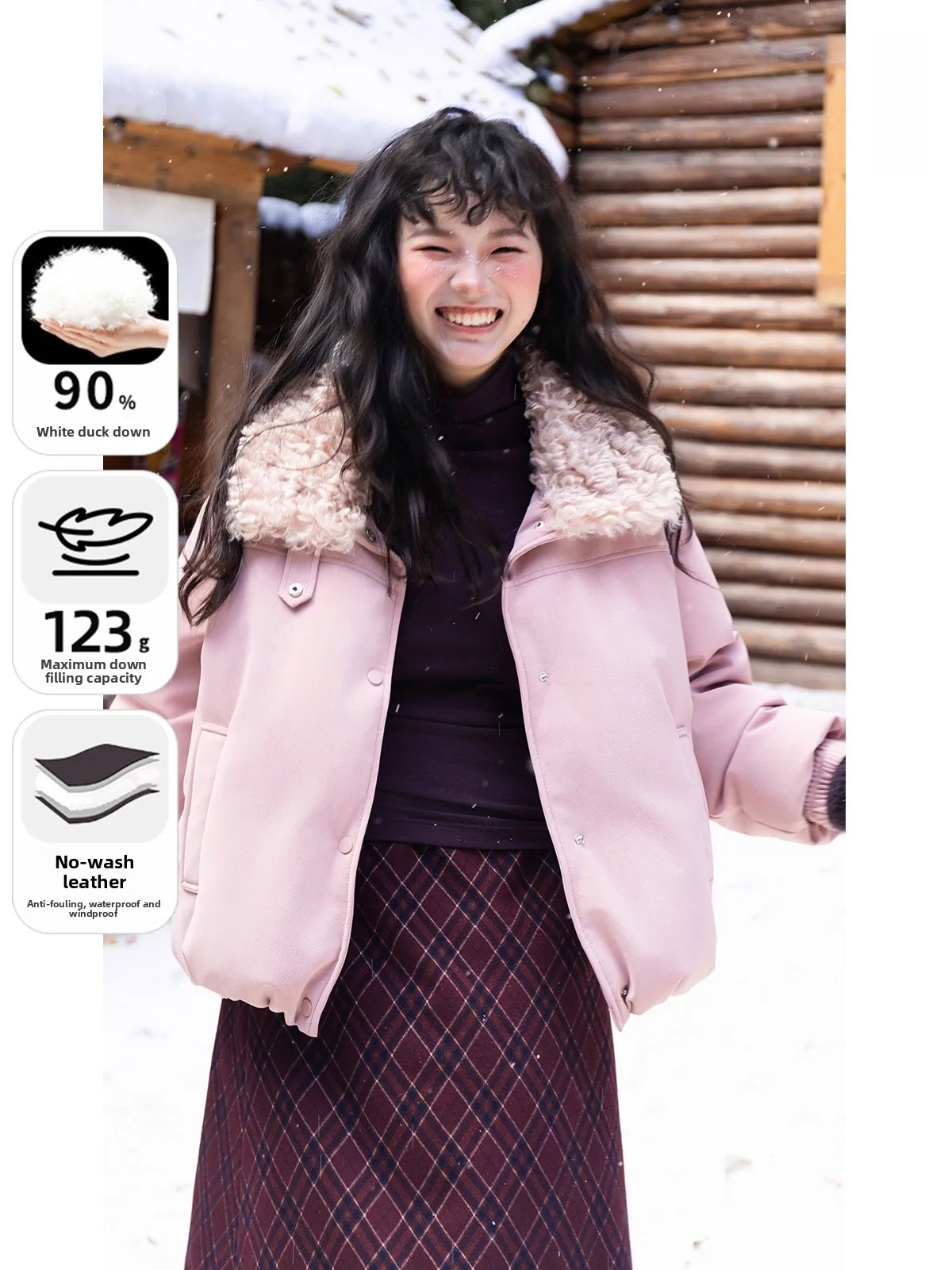 

BUD Snowflake ort Puffer Jaet Pink Faux Leather Wal 90% White Du down Filling Thiened Long Sve Warm Coat
