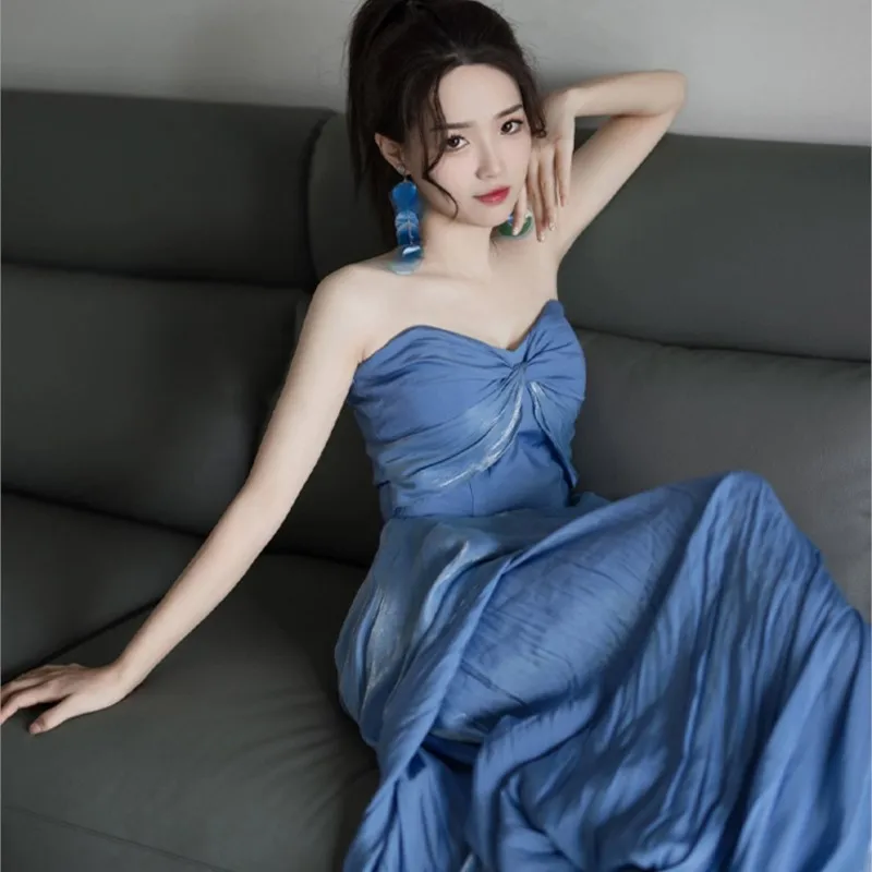 Blue Strapless Dress Women's Elegant Banquet Morning Shot Seaside Long Skirt