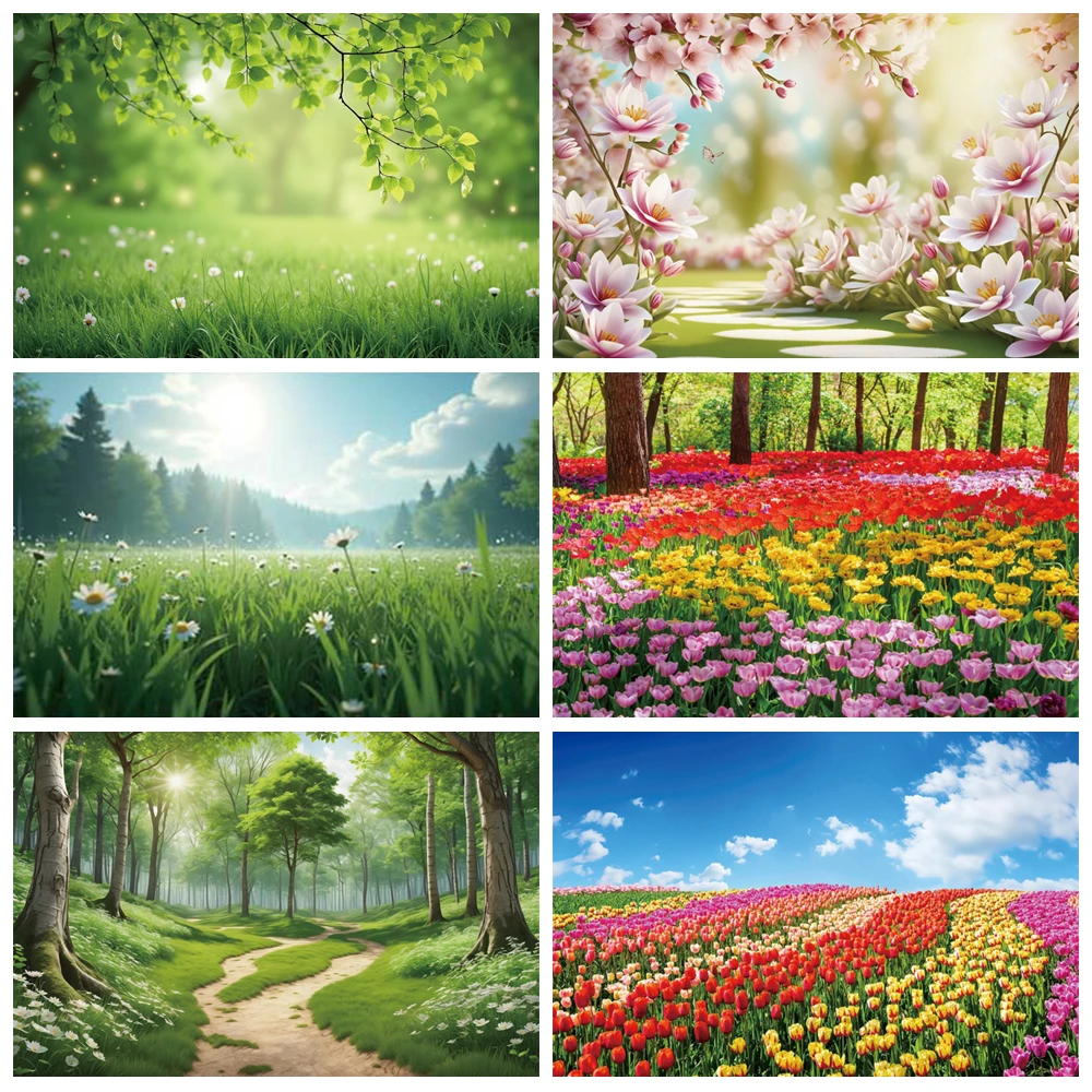 

Spring Green Grass Sakura Trees Flower Wallpaper Baby Party Decoration Photography Backdrop Photocall Background Studio