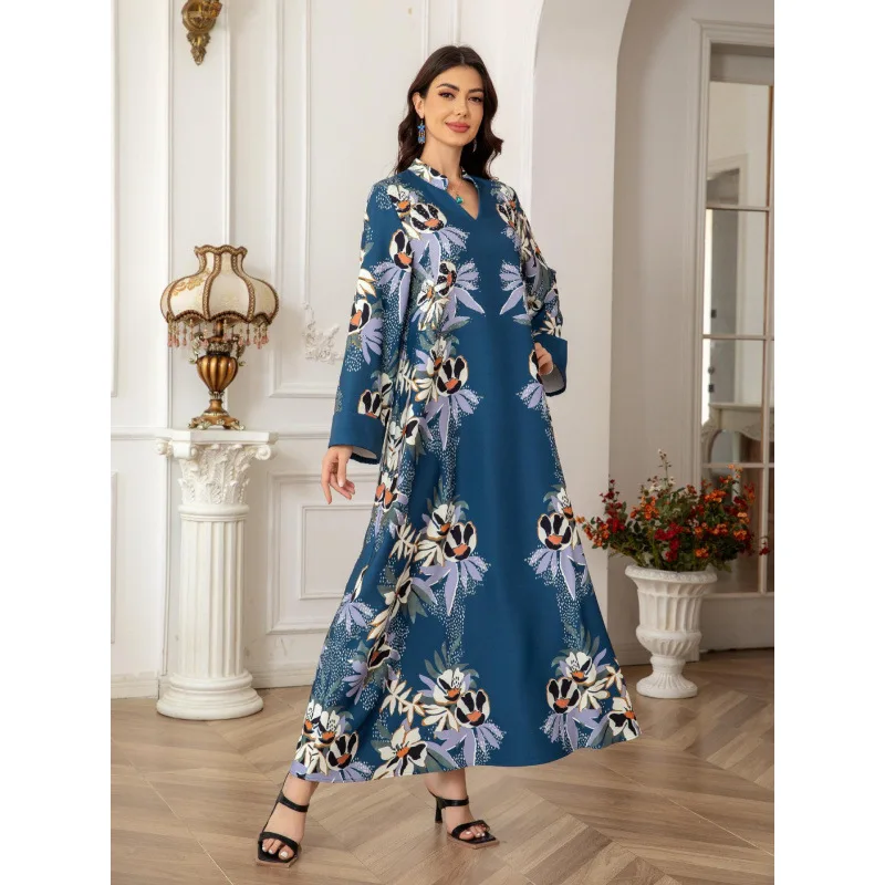 Muslim Women's Long Robe with Elegant Temperament Printed Long Skirt with Diamond Inlay Abaya Dubai 2025 Spring New Clothing