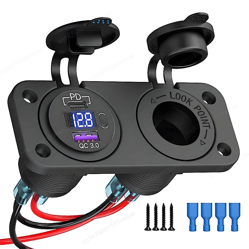 

12V USB Outlet Marine Panel PD Type-C & QC3.0 USB-A Ports Car Charger with LED Voltmeter & Power Switch Cigarette Lighter Socket