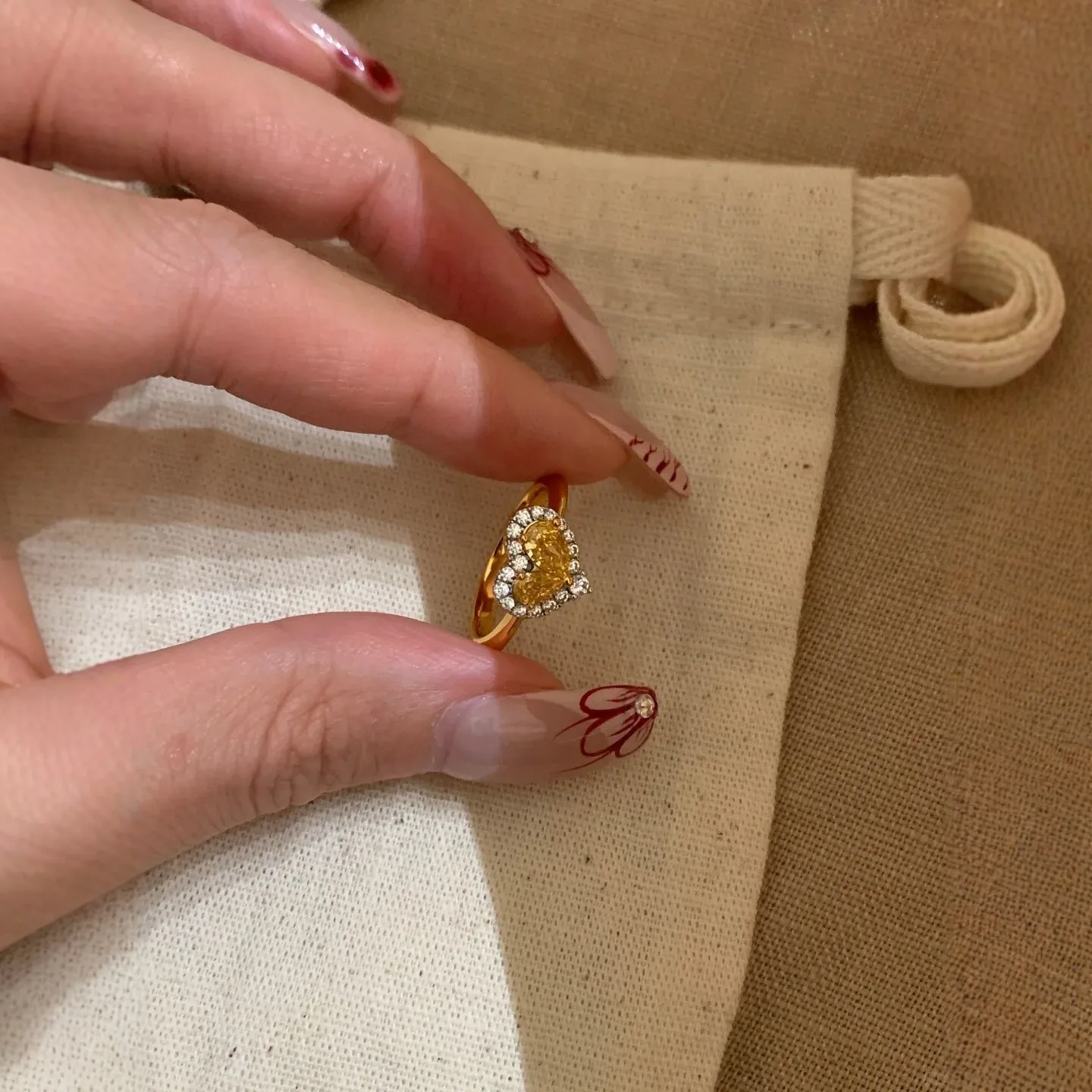 9999 Gold Lucky Money Yellow Diamond Heart Ring - Small-scale Design Ring - Finger Ring for Women - Hand Decoration