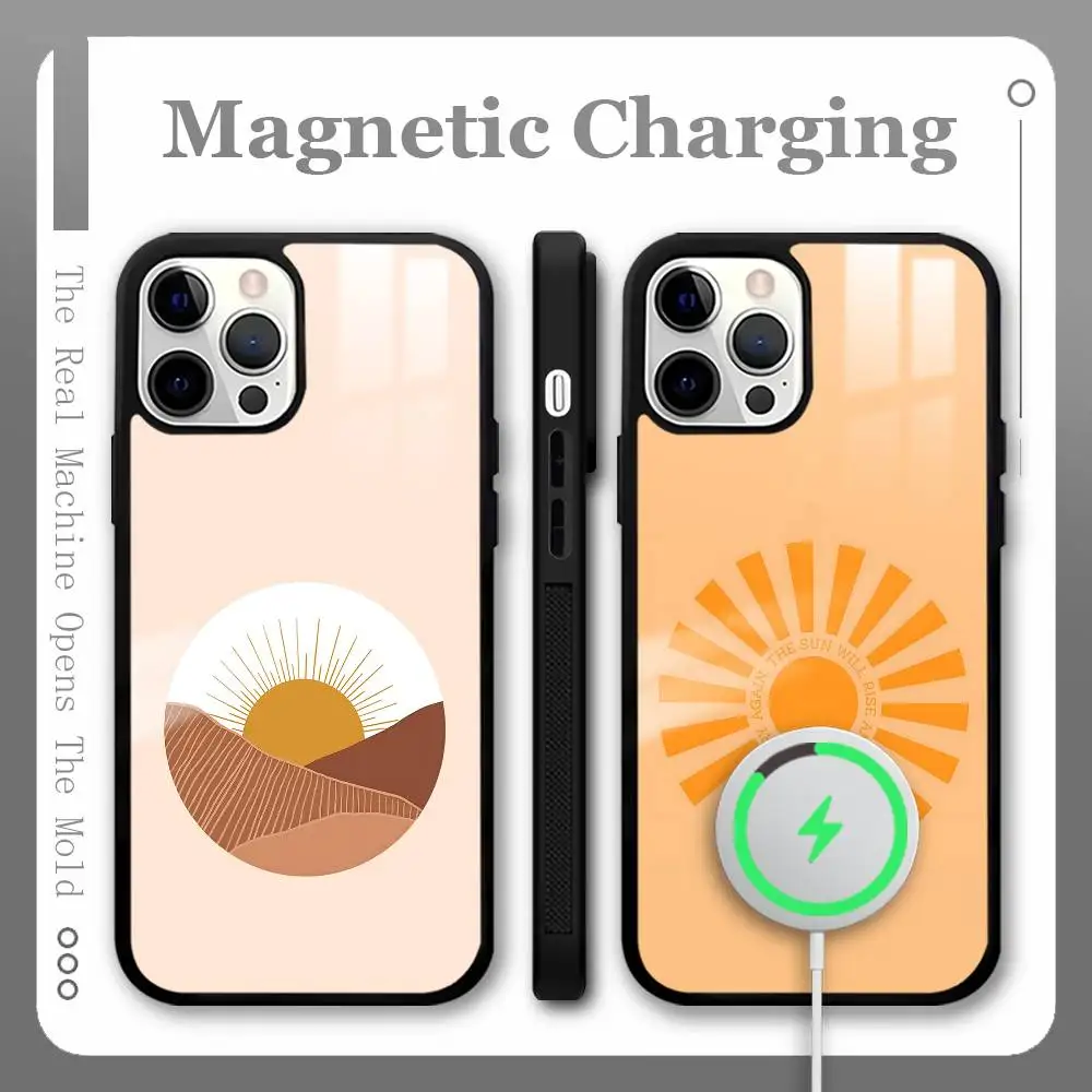 Retro Moderne Sonne Telefon Fall MagSafe Magnetische Für iPhone 16 15 14 13 12 11 Pro Plus Max Mini Drahtlose Ladegerät Funda