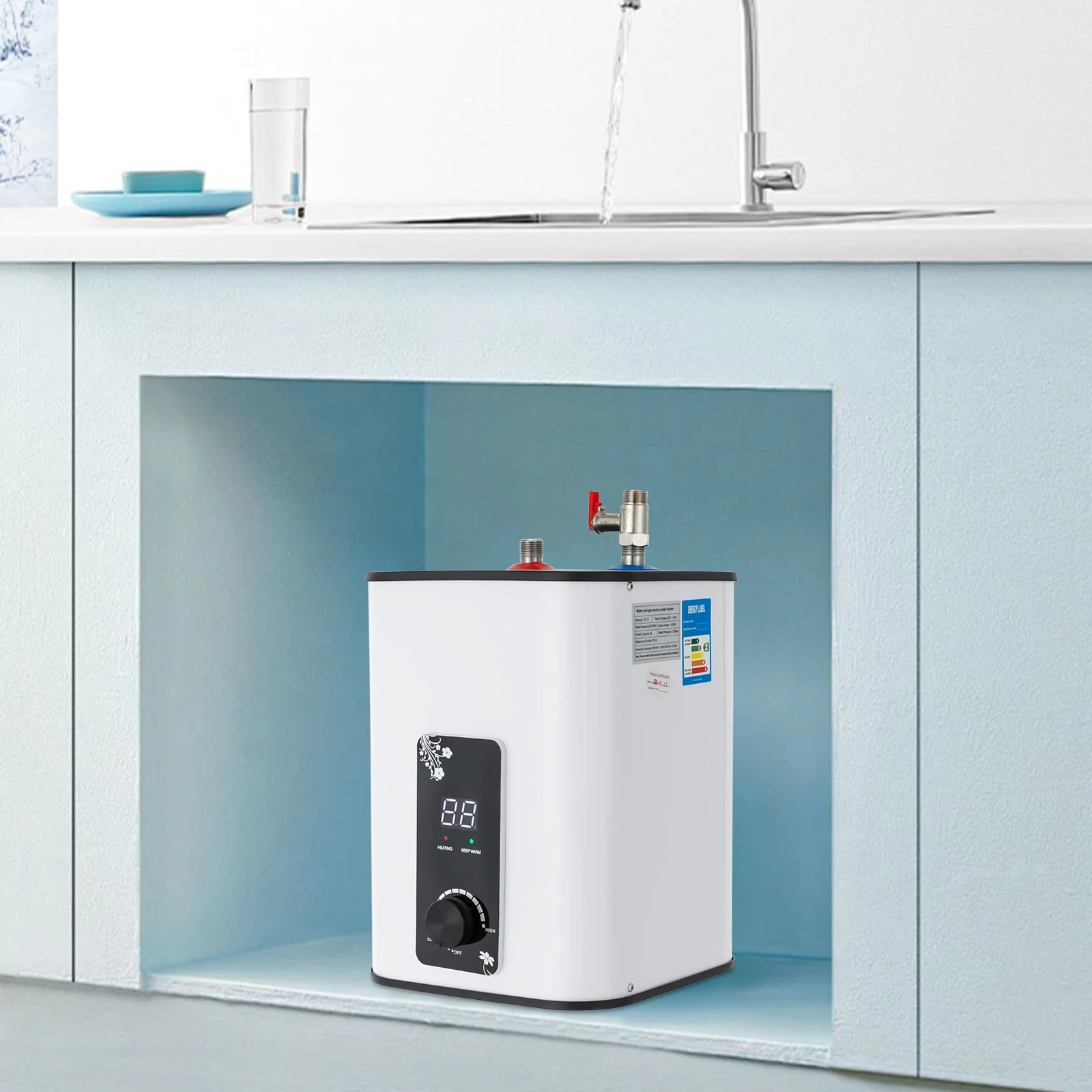 Chauffe-eau électrique avec Tube chauffant en acier inoxydable 316, température numérique, 1500W 1.76 gal, Anti-température, pour douche