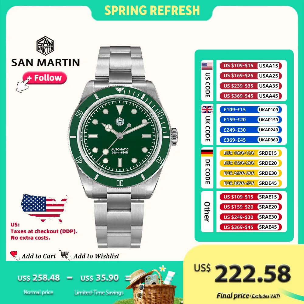 

San Martin 38mm Class Men Diver Watch NH35 Automatic Mechanical Stainless Steel Retro Watches Luminous 20Bar Waterproof SN0004G