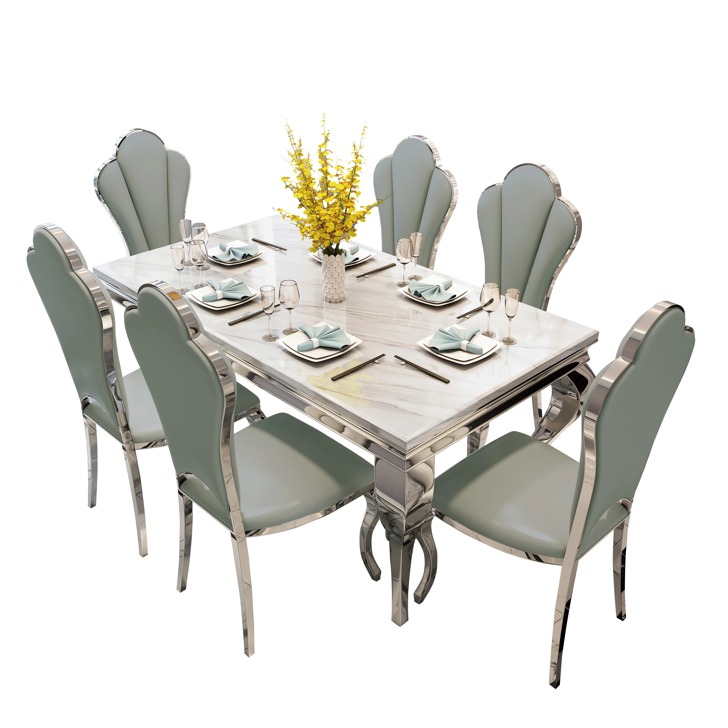 

Modern simple stainless steel high-end dining table and chairs Italian marble dining table rectangle
