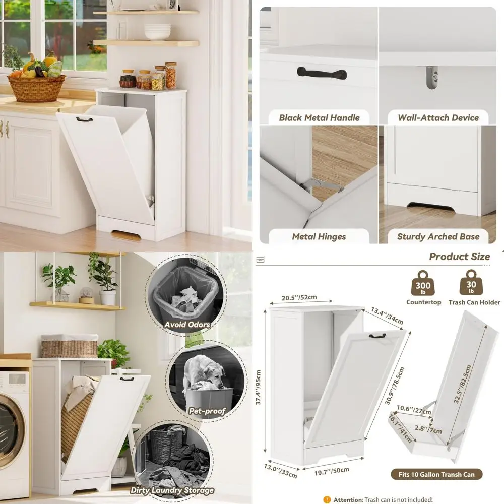

Wooden Tilt-Out Trash Cabinet for Modern Bathrooms with Hidden Hamper Lid and Laundry Storage