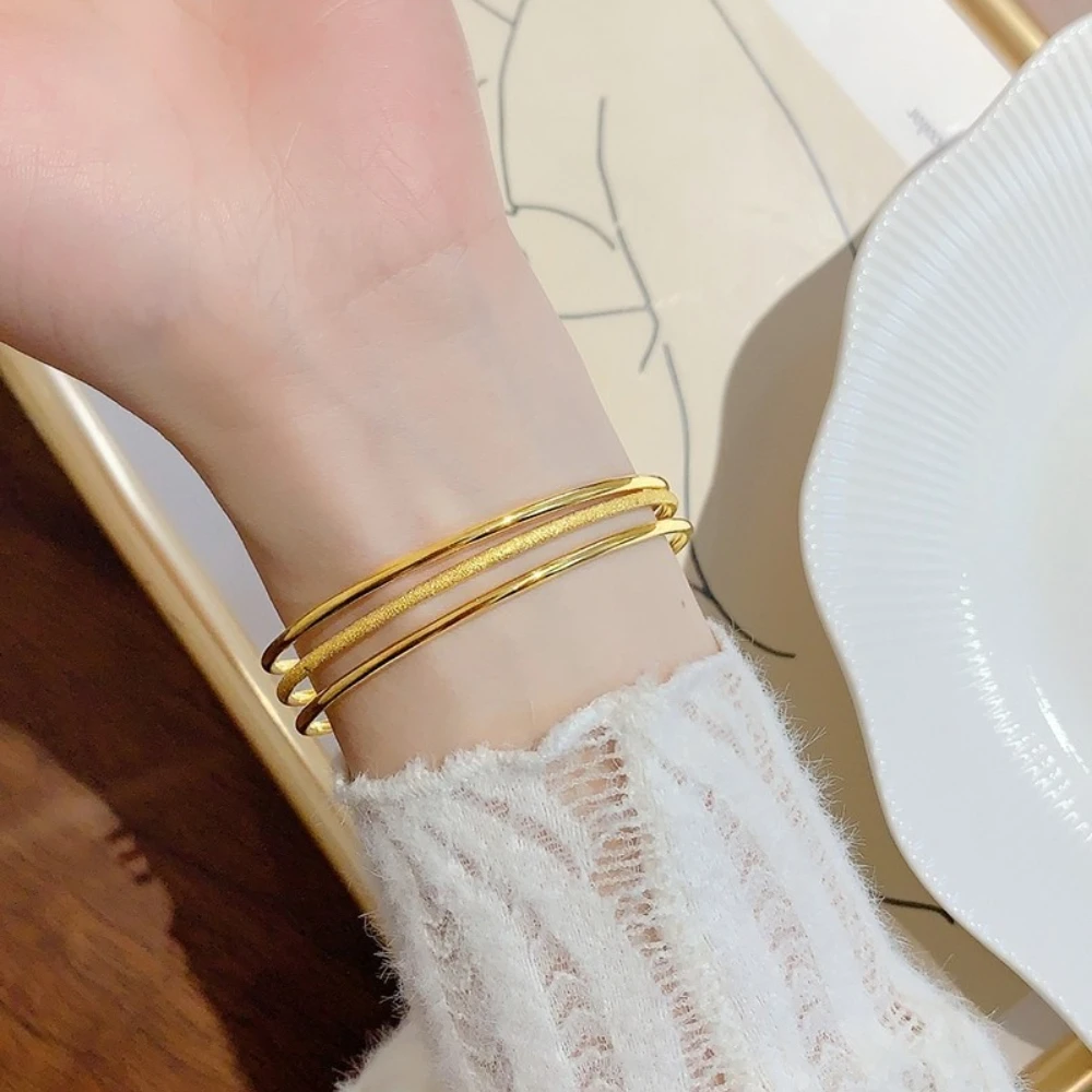 3pcs Set Classic Fashion Gold Color Stainless Steel Shiny Circle Bangle for Women Charm Wedding Bride Jewelry Set Colorfast Gift