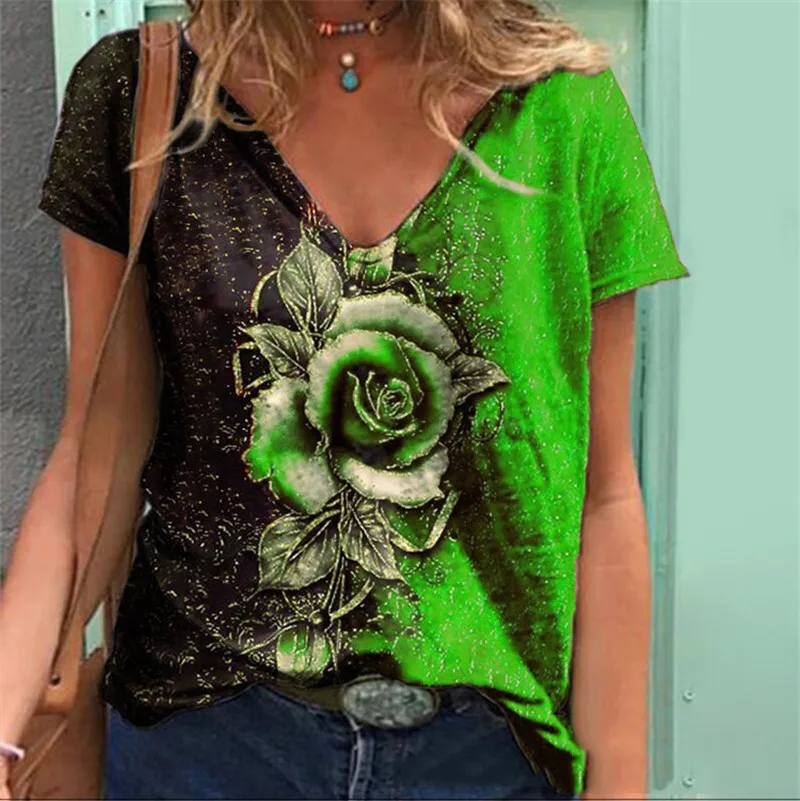 Camiseta gráfica rosa feminina, estampa 3D, manga curta, pulôver extragrande, tops Harajuku, roupas casuais, camiseta feminina, verão, nova