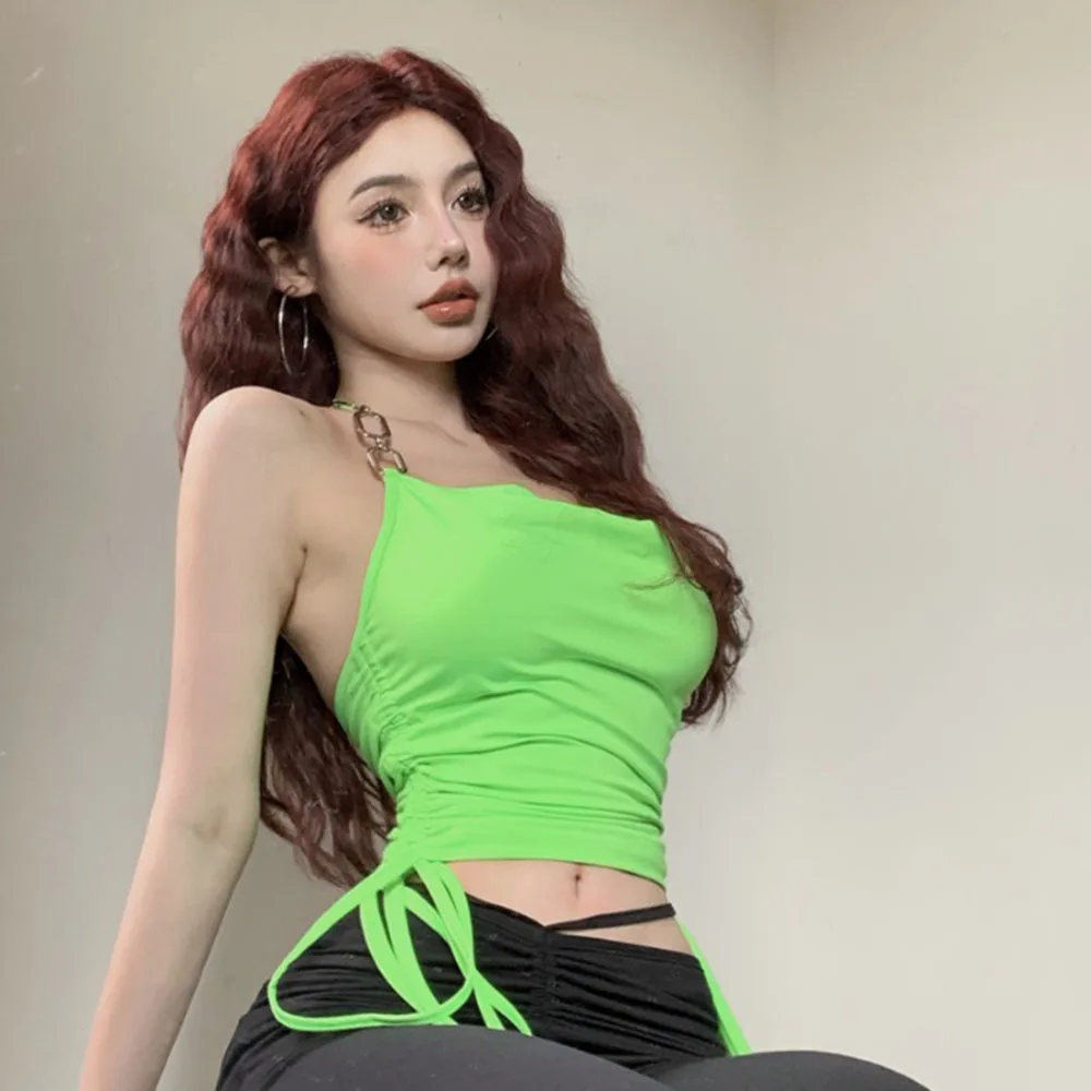 Ins Chain Women Sexy Camis Crop Top Summer Chain Frill Drawstring Neon Green Camisole 2022 Casual Club Streetwear Clothing