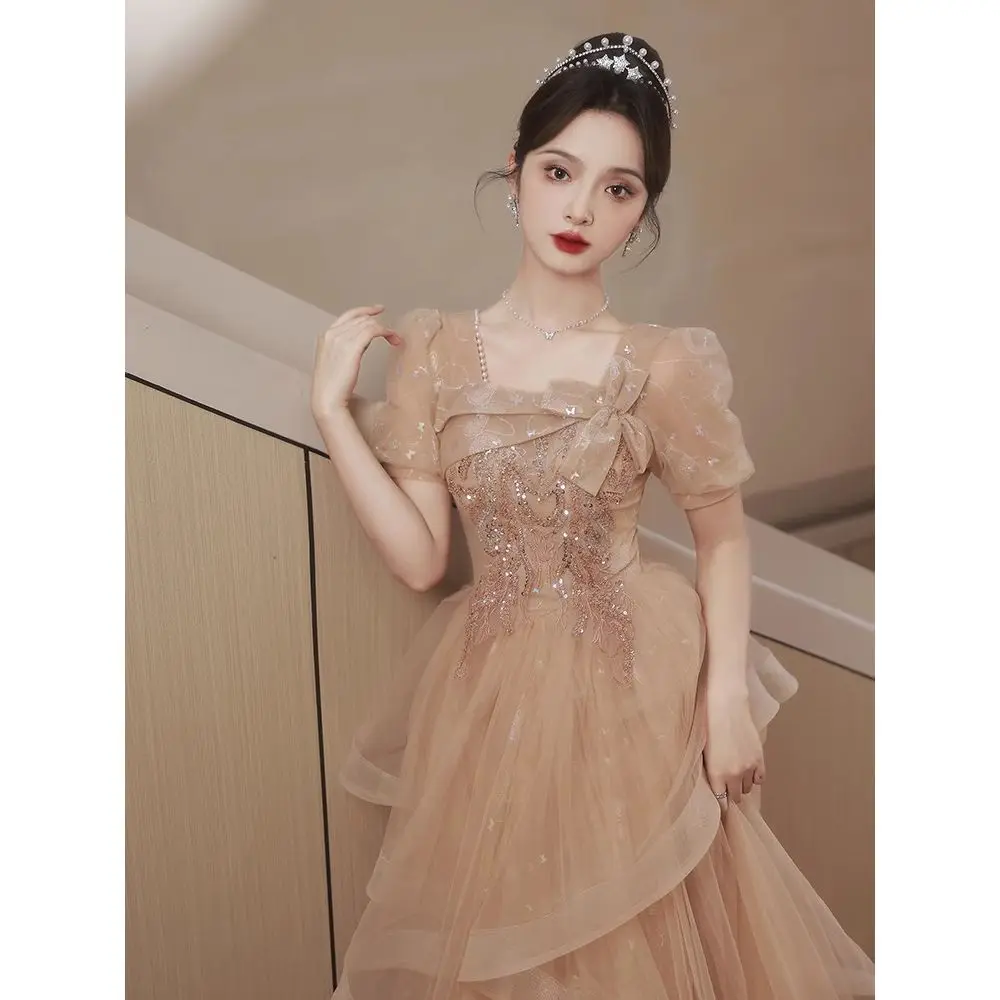 French Square Collar High-end Temperament Evening Gown  Glitter Prom Gown   Long Floor Length Princess Birthday Dresses