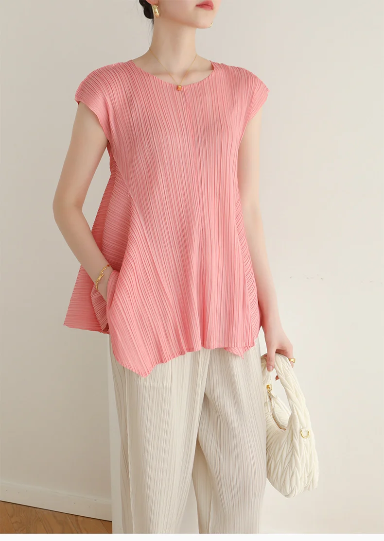 Summer MIYAKE Pleated Small Design Sense Irregular Fashion Solid Fresh Casual T-shirt [3014]