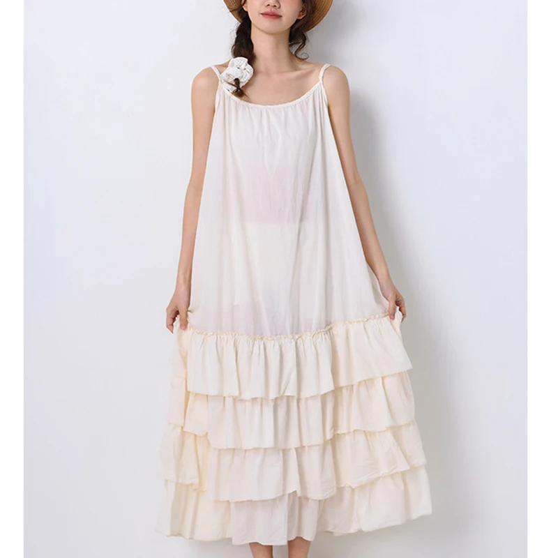 

Summer Mori Girl Dress Women Sweet Solid Color Ribbon Cake Dress New Ruffles Loose Sleeveless Female Kawaii Cotton Dresses K078