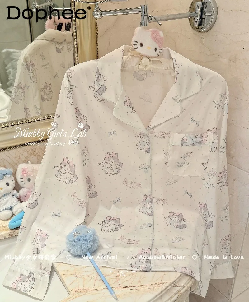 

Sweet Girl Japanese Style Original Ins Cartoon Cat Print Ice Silk Long Sleeve Pajamas Autumn New Casual Homewear