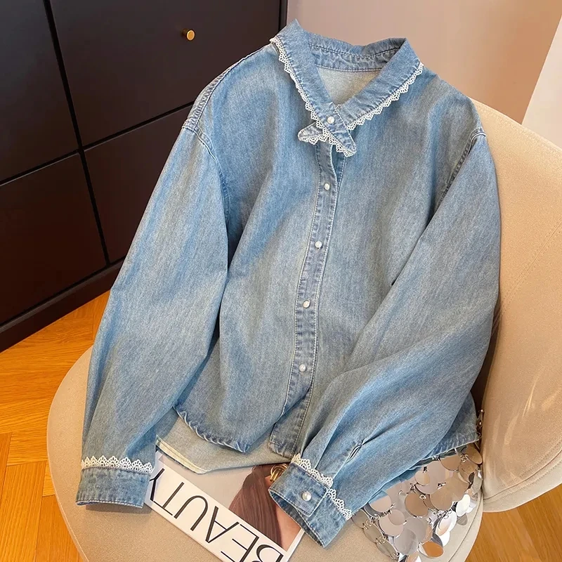 

Women's Denim Blouse Spring Autumn Korean Version Lace Spliced Ladies Cowboy Shirt Long-sleeve Elegant Lady Casual Top JJ419
