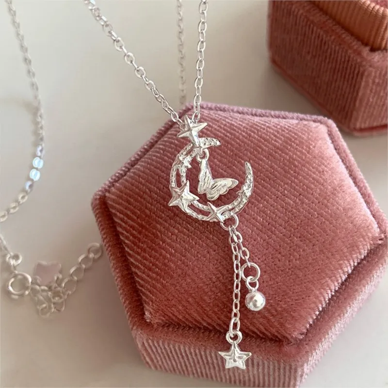 

PANJBJ стерлингового серебра 925 пробы ожерелье с бабочкой для женщин лунная кисточка темперамент романтические Ins ювелирные изделия подарок дропшиппинг