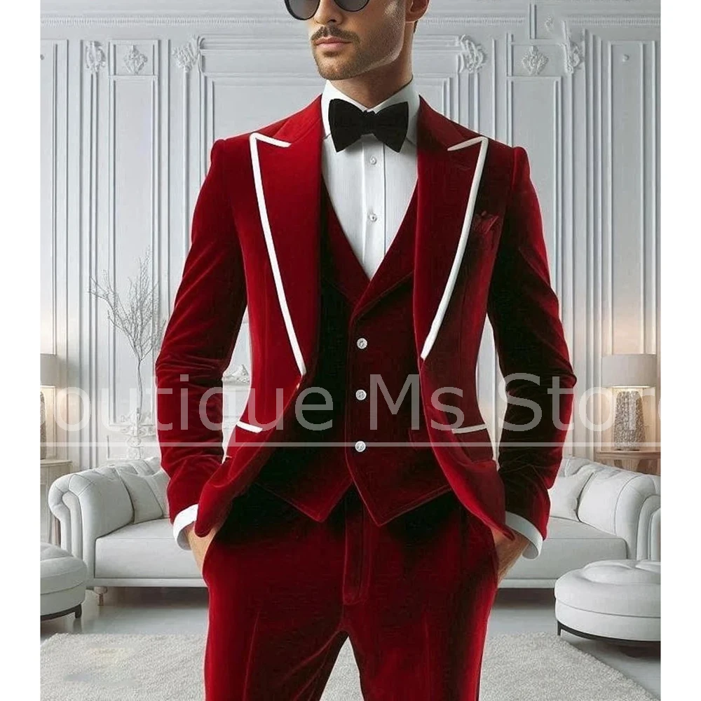 

Fashion Velvet Men's Suit 3 Piece Slim Fit One Button Formal Blazer Vest Pants Set with White Piping Wedding Prom Party Tuxedo