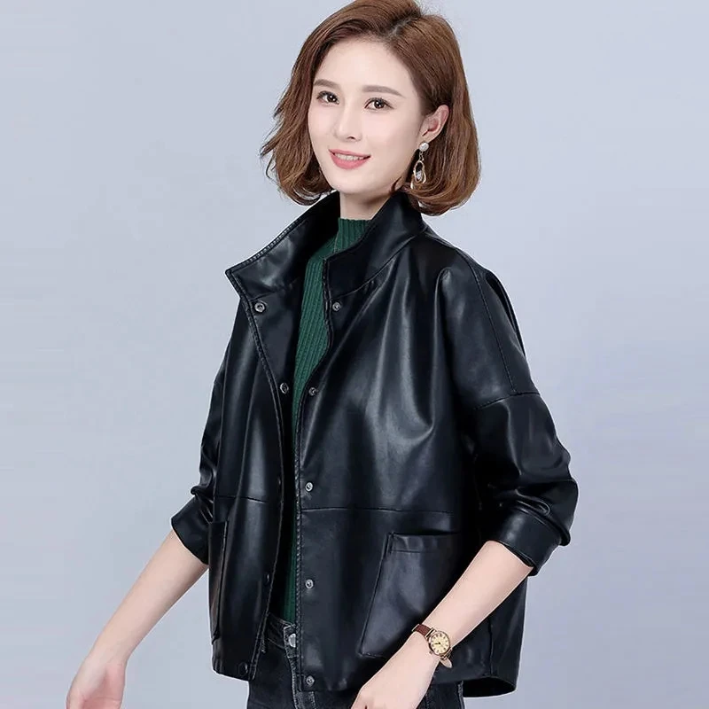 High end leather Jacket women 2025 New Spring Autumn Short Korean version loose Stand  collar Faux leather jackets Female