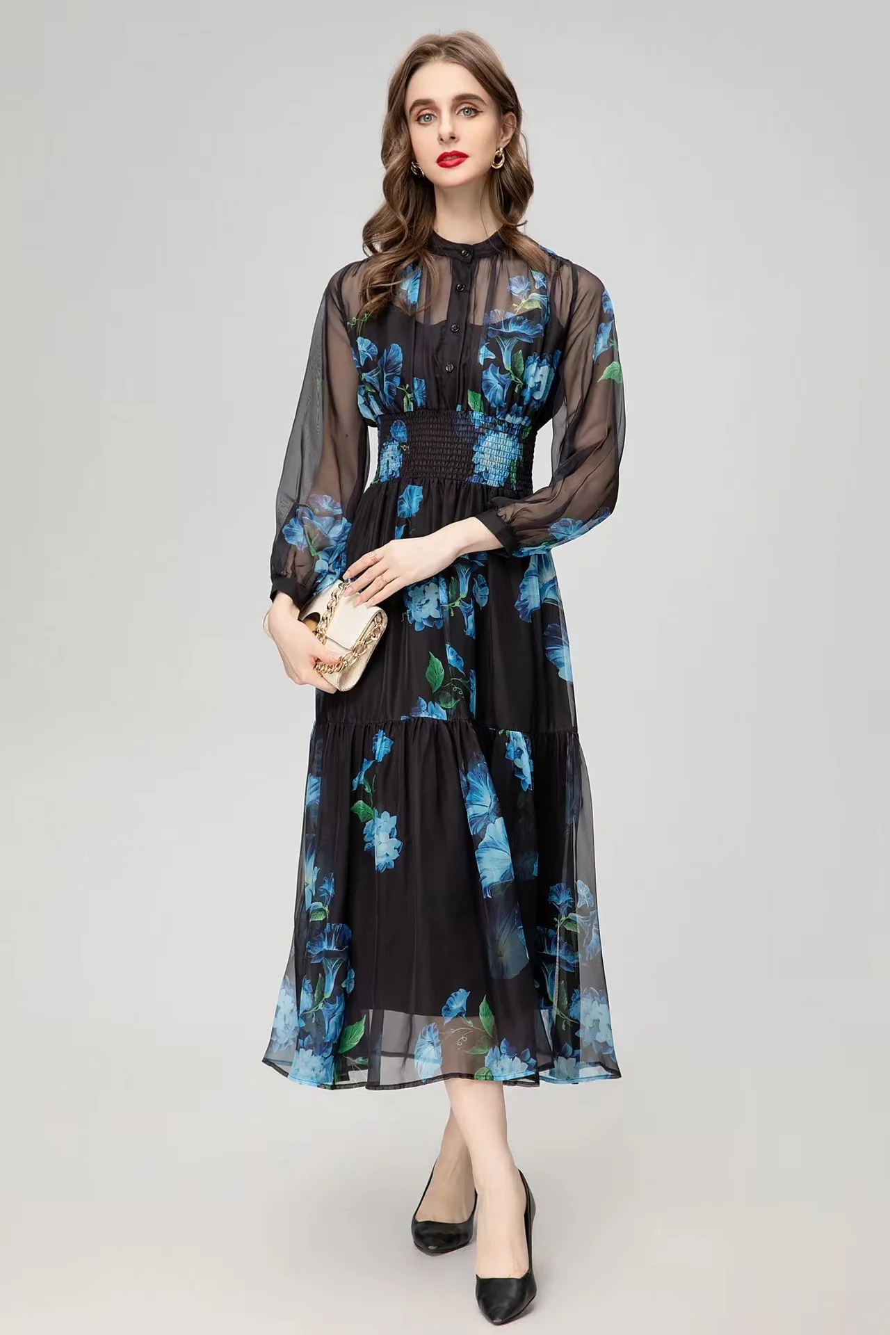 Fashion Designer dress Spring Women Party Dress Trending Lantern Sleeve Flower Printing Black Long vintage Holiday Dress