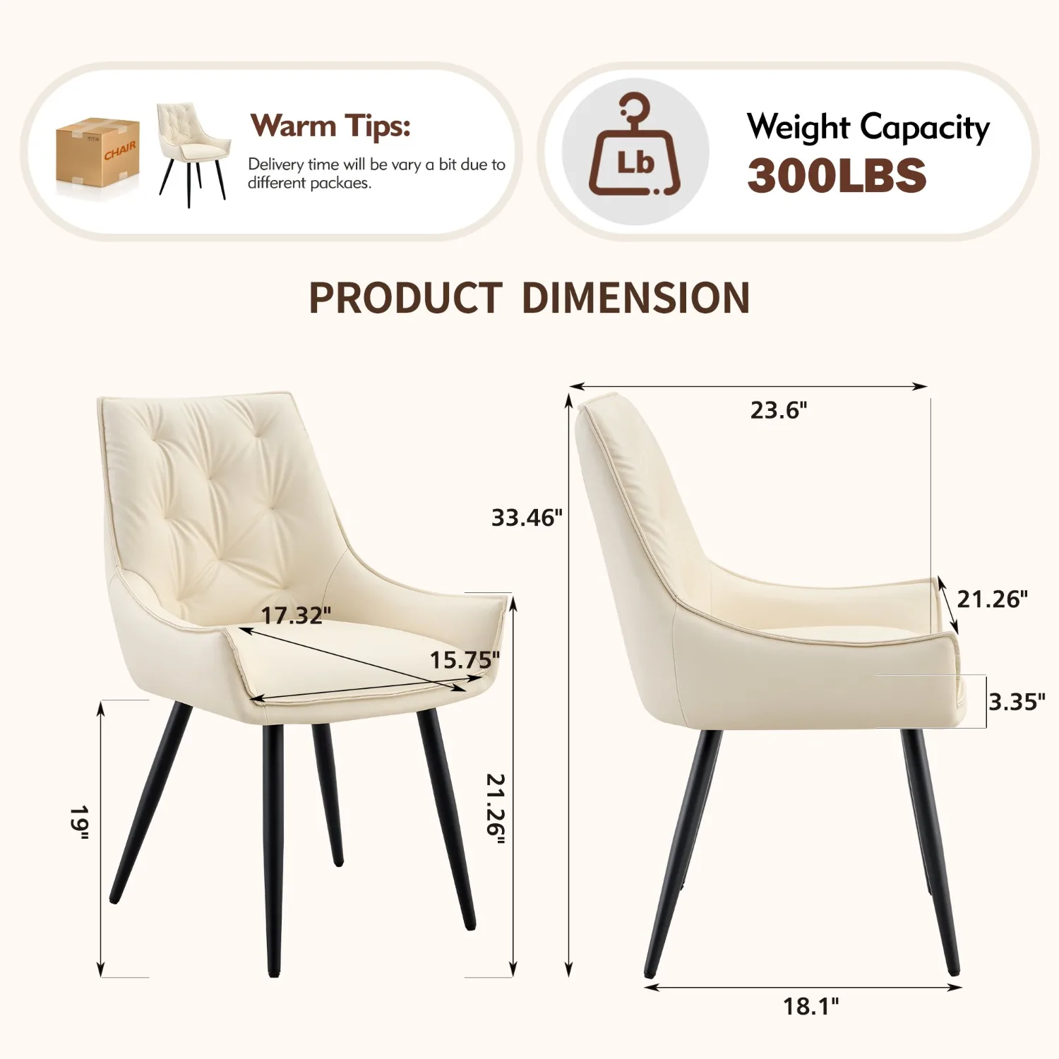 Dining Chairs Set of 2, Off White Faux Leather Dining Room Chair, Metal Kitchen Chairs Gold Mesh Texture and Black Sanded Legs
