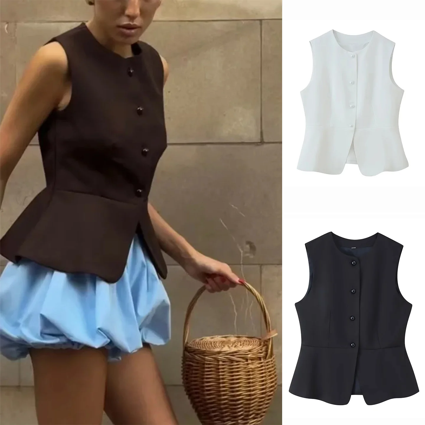 

Осенний новый женский дизайнерский однорядный универсальный круглый костюм Ne Slim Svel, жилет, майка