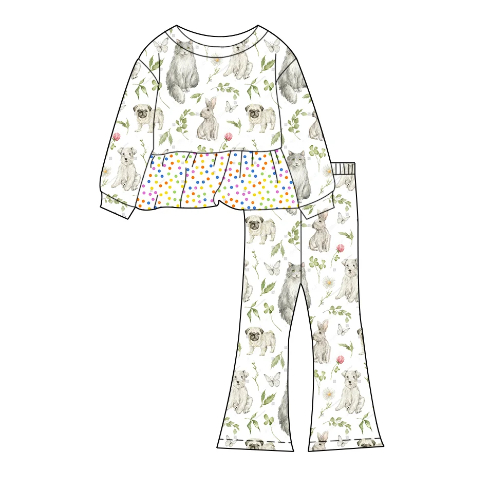 Boutique Girl Set Long Sleeve Ruffle Hem Peplum Top Floral Bunny Rainbow Butterfly Print Flare Pants Outfit Kids Fall Clothing